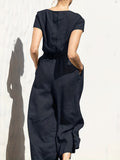 「binfenxie」Solid Wide Leg Jumpsuit, Casual Crew Neck Short Sleeve Summer Jumpsuit, Women's Clothing