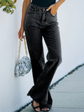 「binfenxie」High Rise Straight Legs Slim Fit Bell Bottom Shape Plain Design Slash Pocket Zipper Button Closure Washed Black Flare Jeans, Women's Denim Jeans