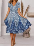 「binfenxie」Floral Print A Line Dress, Casual V Neck Short Sleeve Midi Dress, Women's Clothing