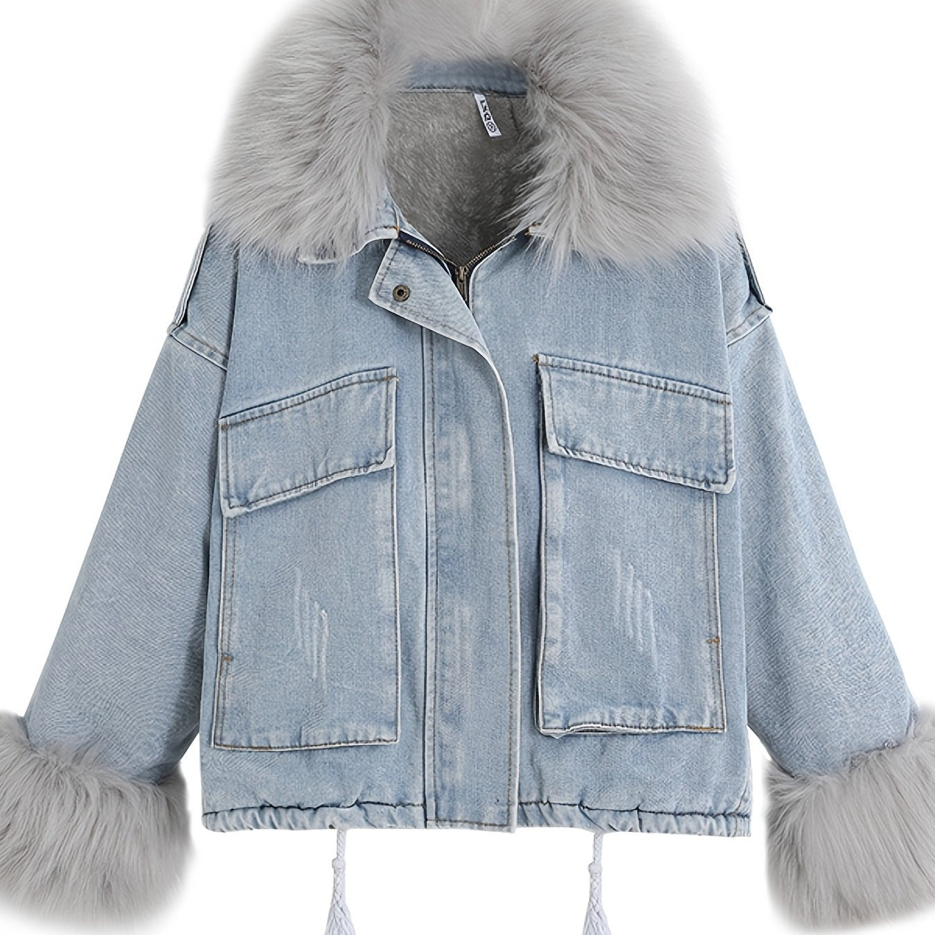 「binfenxie」Fluffy Plush Collar & Cuffs Winter Warm Fur Fleece Coat, Extra Large Square Pockets Drawstring Hem Denim Jacket, Women's Denim Jackets