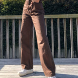 「binfenxie」Light Brown High Waist Straight Leg Jeans, Loose Retro Slash Pocket Long Pants, Women's Denim Jeans & Clothing
