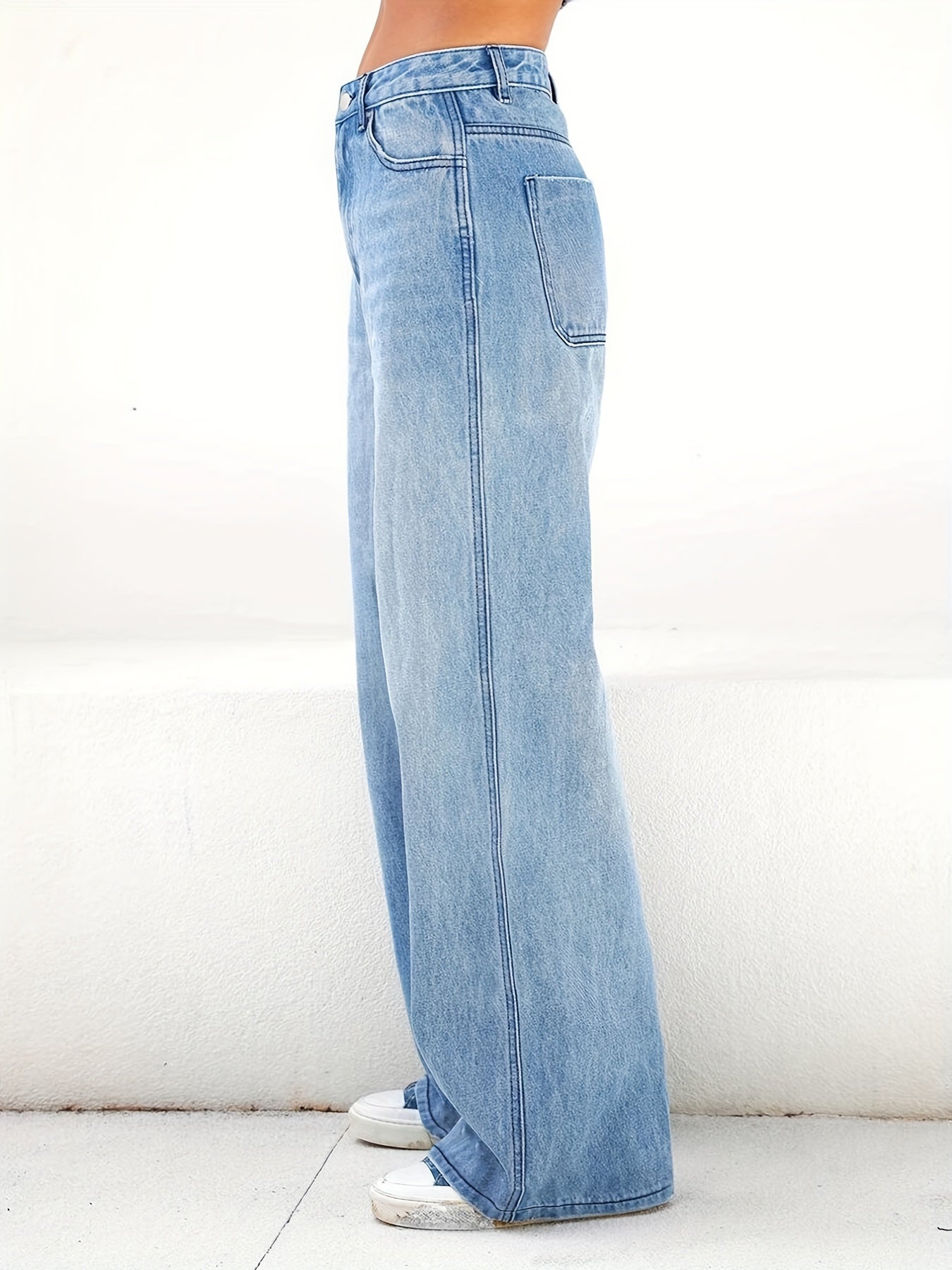 「binfenxie」Blue Loose Fit Wide Leg Jeans, High Waist Slash Pockets High Rise Straight Jeans, Women's Denim Jeans & Clothing