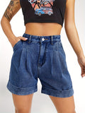 「binfenxie」Blue Rolled Hem Short Denim Jeans, A-Lined High Waist Slash Pockets Loose Fit High Rise Short Denim Pants, Women's Denim Jeans & Clothing