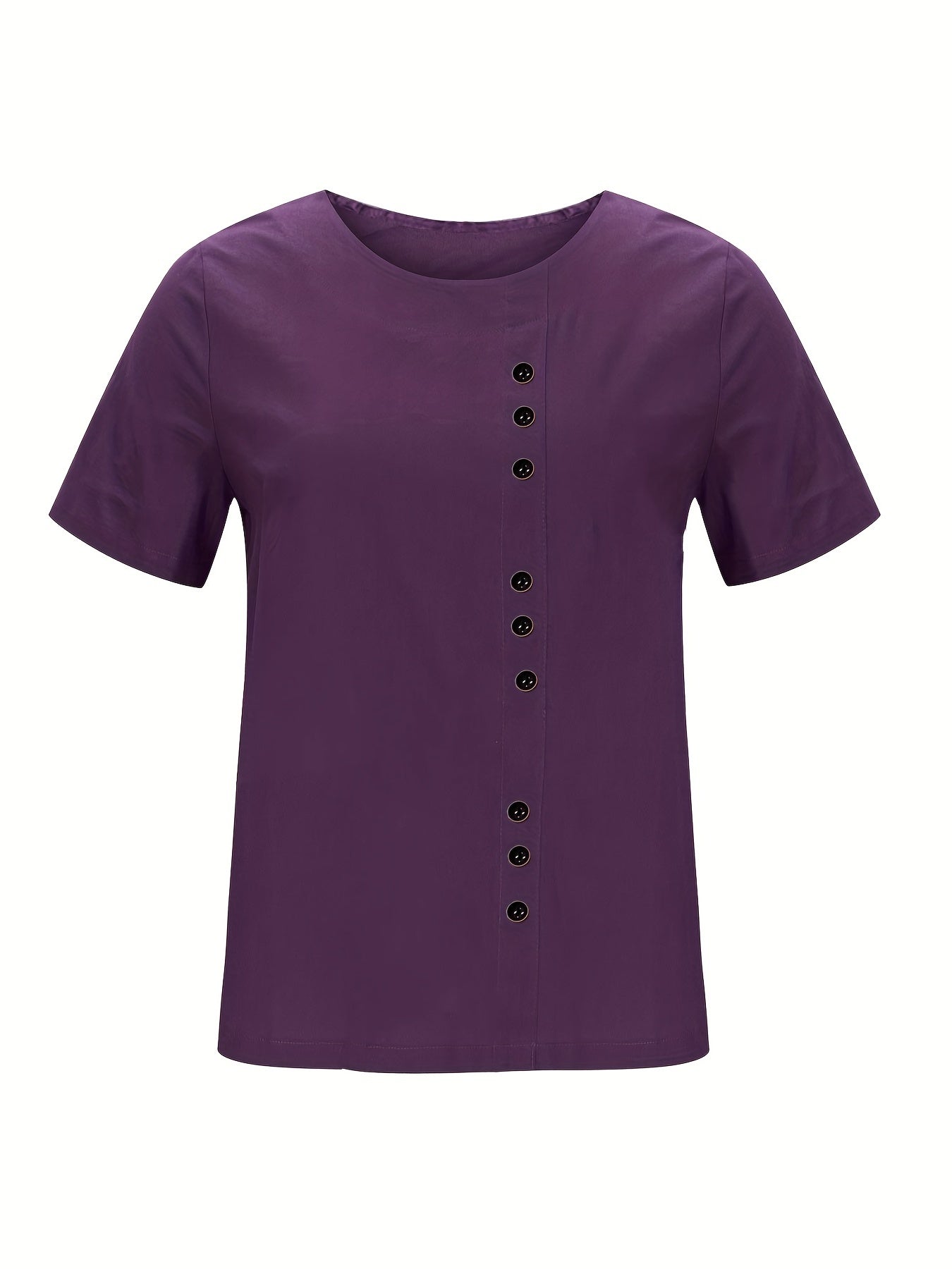 「binfenxie」Buttons Solid T-shirt, Casual Crew Neck Short Sleeve Summer T-shirt, Women's Clothing