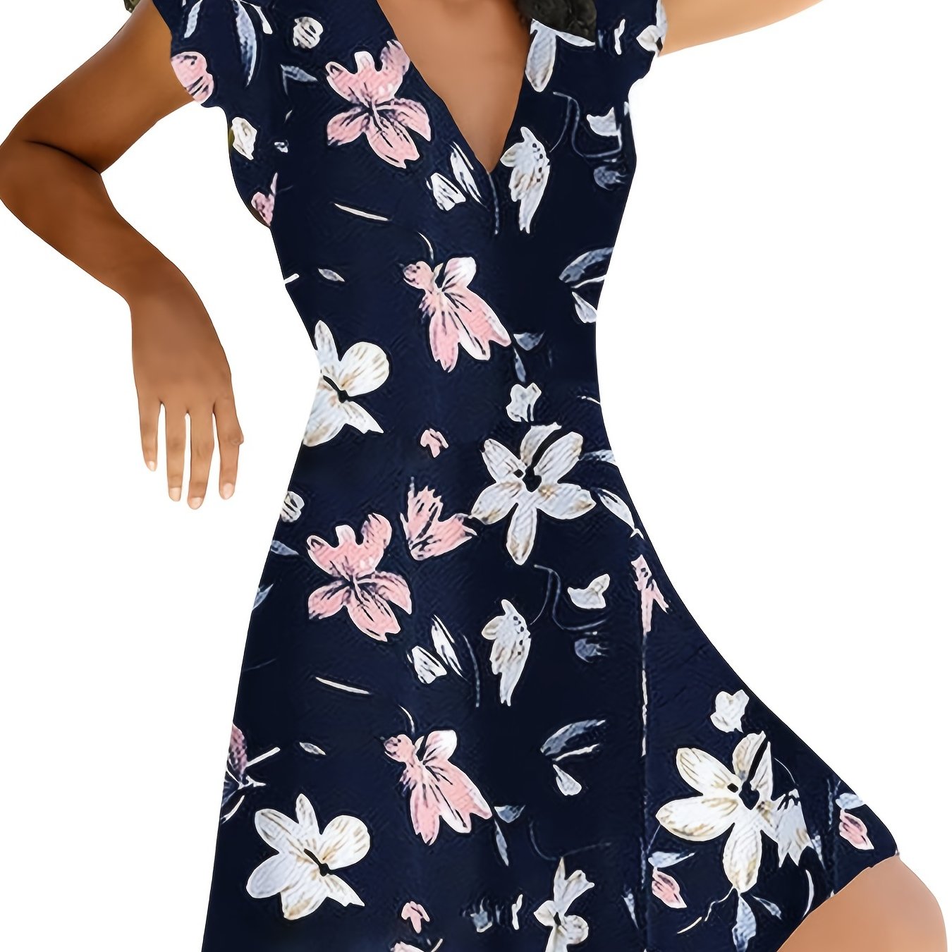 「binfenxie」Floral Print V Neck Slim Dress, Short Sleeve Casual Every Day Dress For Fall & Spring, Women's Clothing