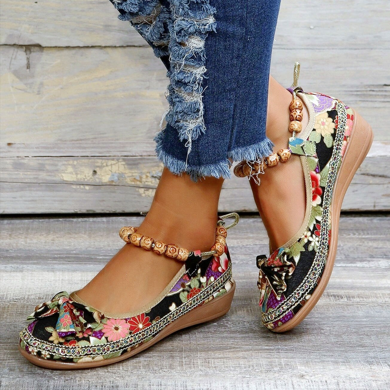 「binfenxie」Women's Stylish Floral Print Slip-Ons - Ethnic Ankle Strap Flat Shoes for Casual Walks