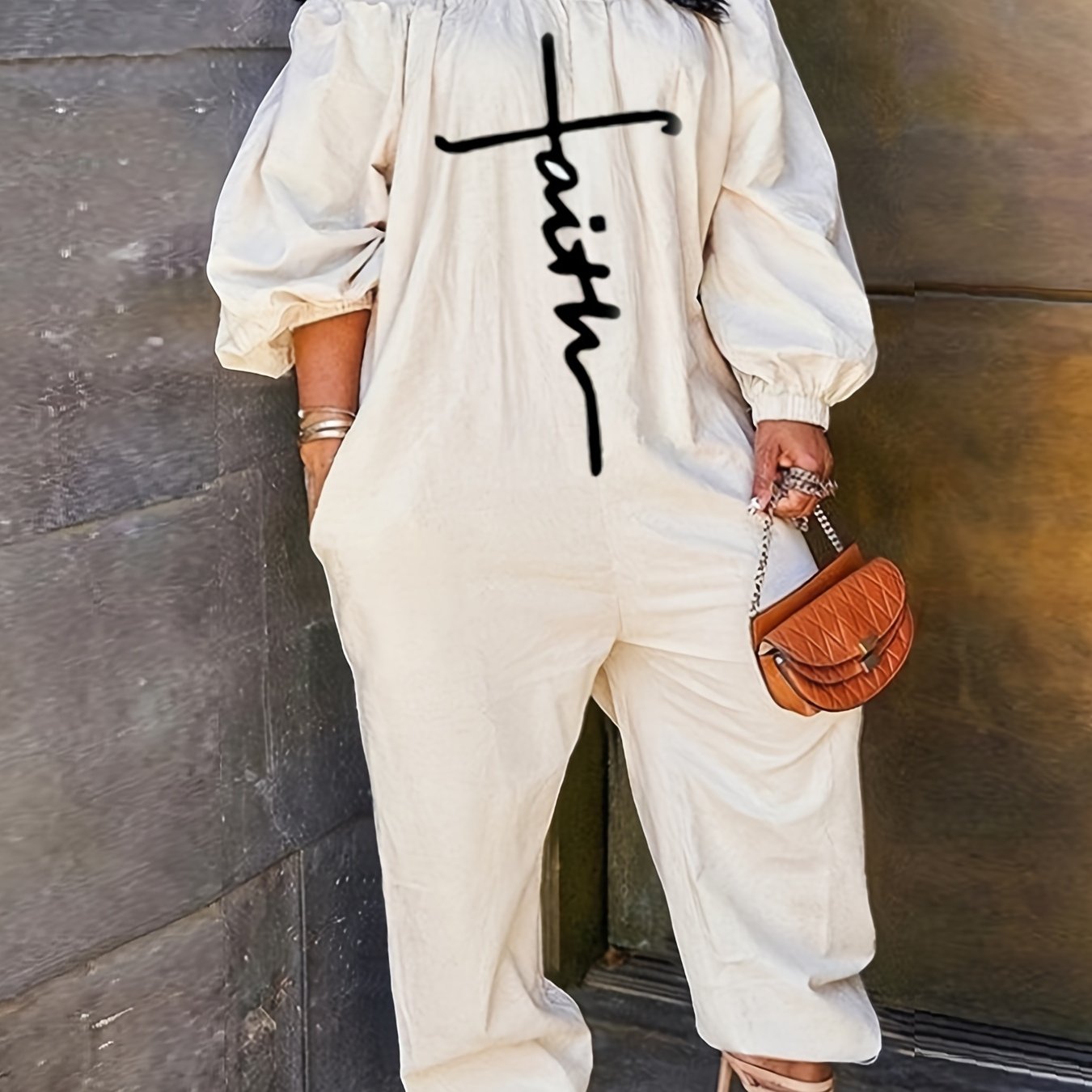 「binfenxie」Letter Print Off The Shoulder Jumpsuit , Casual Long Sleeve Stretchy Jumpsuit, Suit For Summer, Women's Clothing