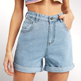 「binfenxie」High Waist Short Denim Pants, Rolled Hem High Rise Slash Pockets Slim Fit Short Denim Jeans, Women's Denim Jeans & Clothing