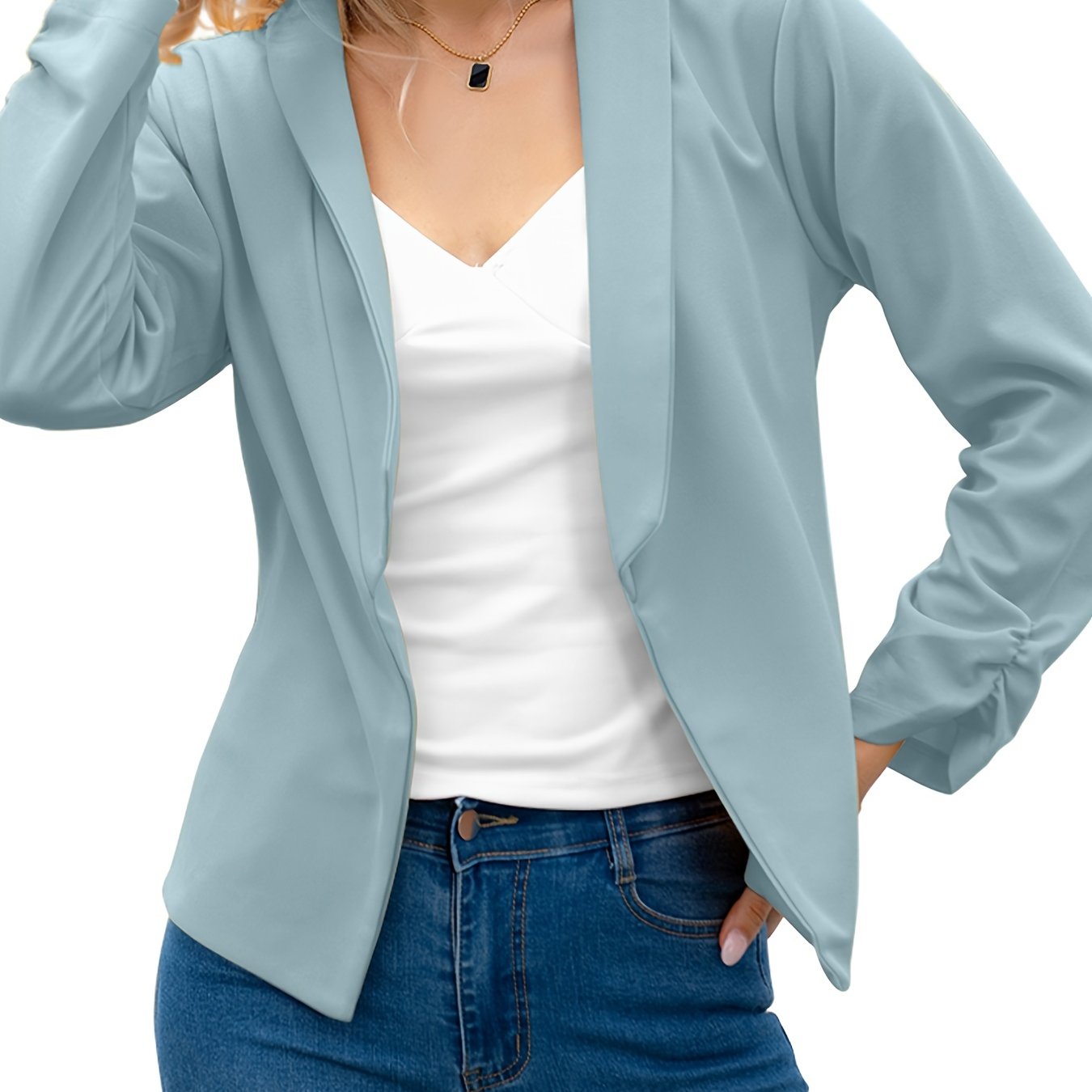 「binfenxie」Elegant Solid Long Sleeve Blazer, Open Front Lapel Blazer, Elegant & Stylish Tops For Office & Work, Women's Clothing