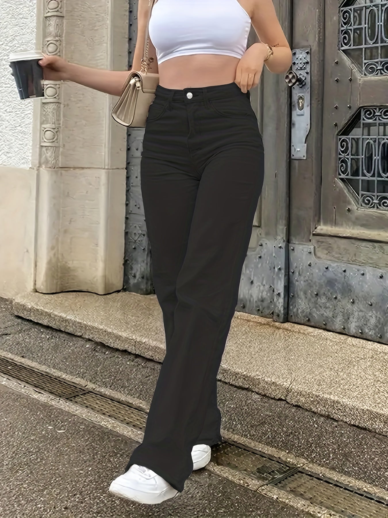 「binfenxie」Black Loose Fit Straight Jeans, Mid Waist Slash Pockets Non-Stretch Baggy Denim Pants, Women's Denim Jeans & Clothing