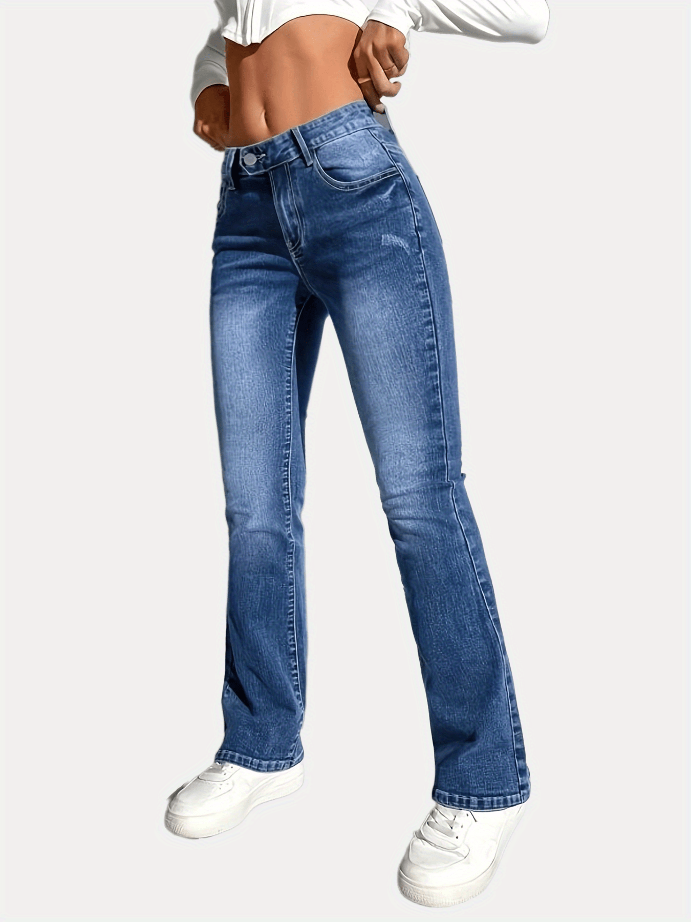 「binfenxie」Navy Blue Slant Pockets Flared Jeans, Boot-Cut Slash Pockets High-Stretch Denim Pants, Women's Denim Jeans & Clothing