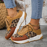 「binfenxie」Women's Leopard Pattern Lace-up Chunky Sneakers, Anti-slip Sports Shoes, Lightweight Low Top Sneakers
