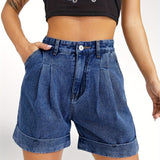 「binfenxie」Blue Rolled Hem Short Denim Jeans, A-Lined High Waist Slash Pockets Loose Fit High Rise Short Denim Pants, Women's Denim Jeans & Clothing