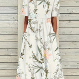 「binfenxie」Floral Print High Waist Dress, Casual Crew Neck Short Sleeve Summer Dress, Women's Clothing