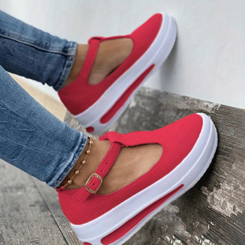 「binfenxie」Women's Buckle Strap Platform Rocker Shoes, Solid Color Non-slip Cut-out Walking Shoes, Casual T-strap Shoes