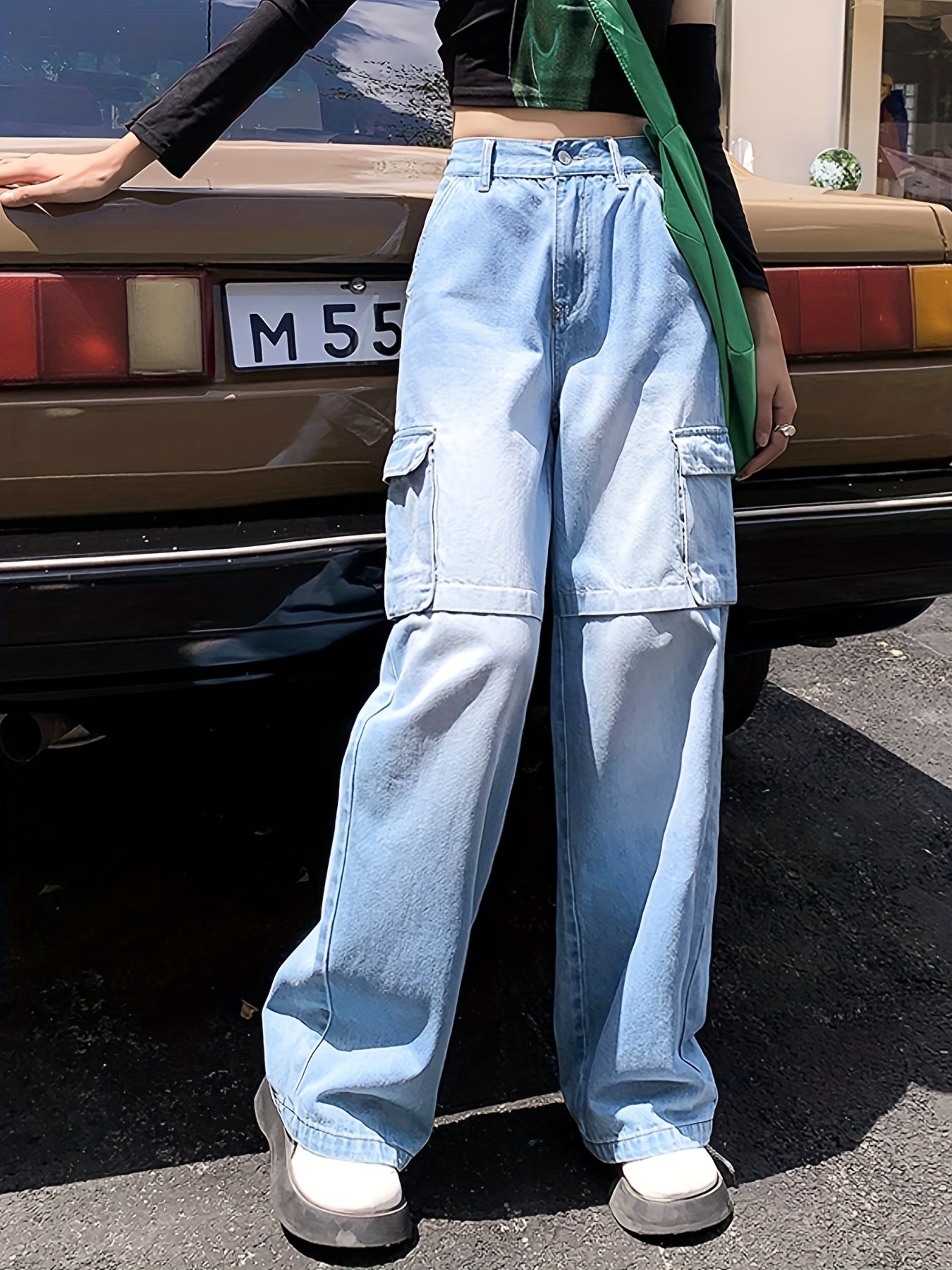 「binfenxie」Flap Cargo Pockets Water Ripple Embossed Jeans, Half Elastic Waistband Street Hip Pop Style Straight Denim Pants, Women's Denim Jeans & Clothing