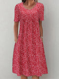 「binfenxie」Boho Floral Print Dual Pockets Dress, Casual Crew Neck Short Sleeve Dress, Women's Clothing