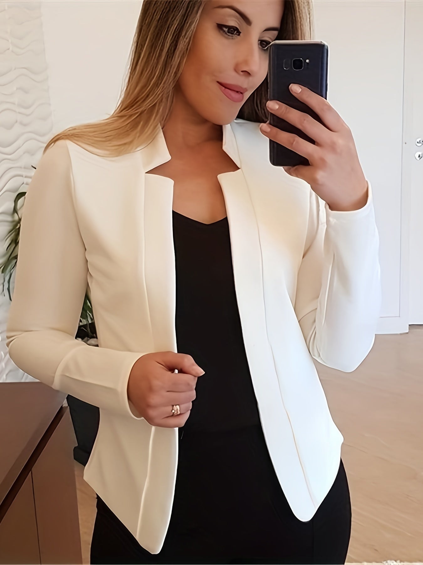 「binfenxie」Solid Open Front Blazer, Elegant Long Sleeve Work Office Outerwear, Women's Clothing