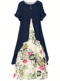 「binfenxie」Casual Asymmetrical Floral Print Dress, Crew Neck Short Sleeve Dress, Casual Every Day Dress, Women's Clothing