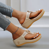 「binfenxie」Women's Faux Leather Wedge Slide Sandals - Fashionable Letter Detail Flatform Thong Sandals for Women's Footwear