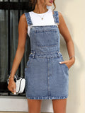 「binfenxie」Blue Slash Pockets Denim Dress, Side Single-Breasted Button Non-Stretch Denim Dress, Women's Denim Clothing