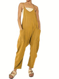 「binfenxie」Spaghetti Long Length Pocket Jumpsuit, Casual Sleeveless Loose Zip Back Jumpsuit, Women's Clothing