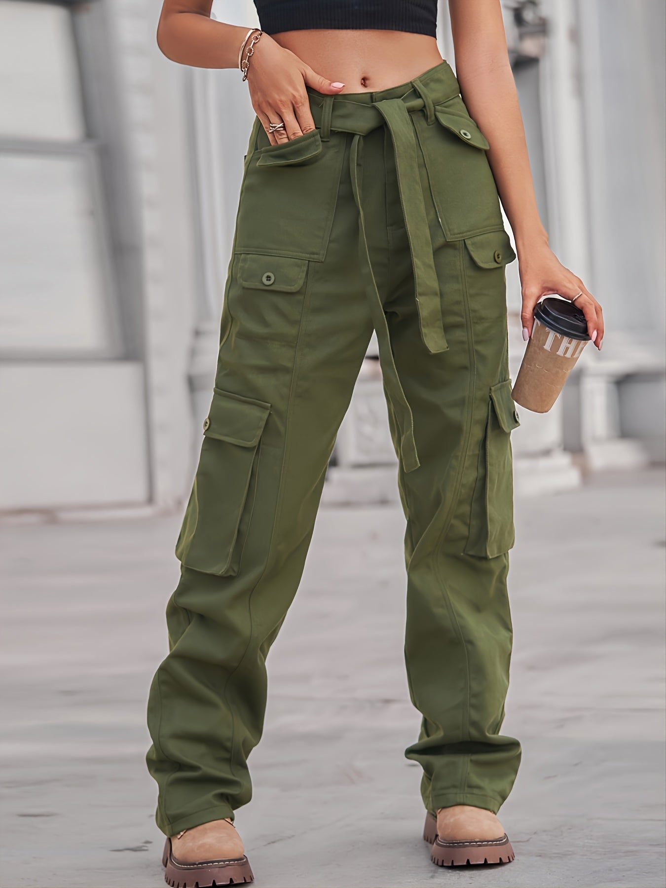 「binfenxie」Multi-pocket Baggy Cargo Pants With Belt, Street Style Jeans, Y2K Kpop Vintage Style, Women's Clothing & Denim