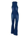 「binfenxie」Blue Front Zipper Denim Jumsuit, Sleeveless V Neck Loose Fit Wide Leg Flare Jeans Denim Overalls, Women's Denim & Clothing