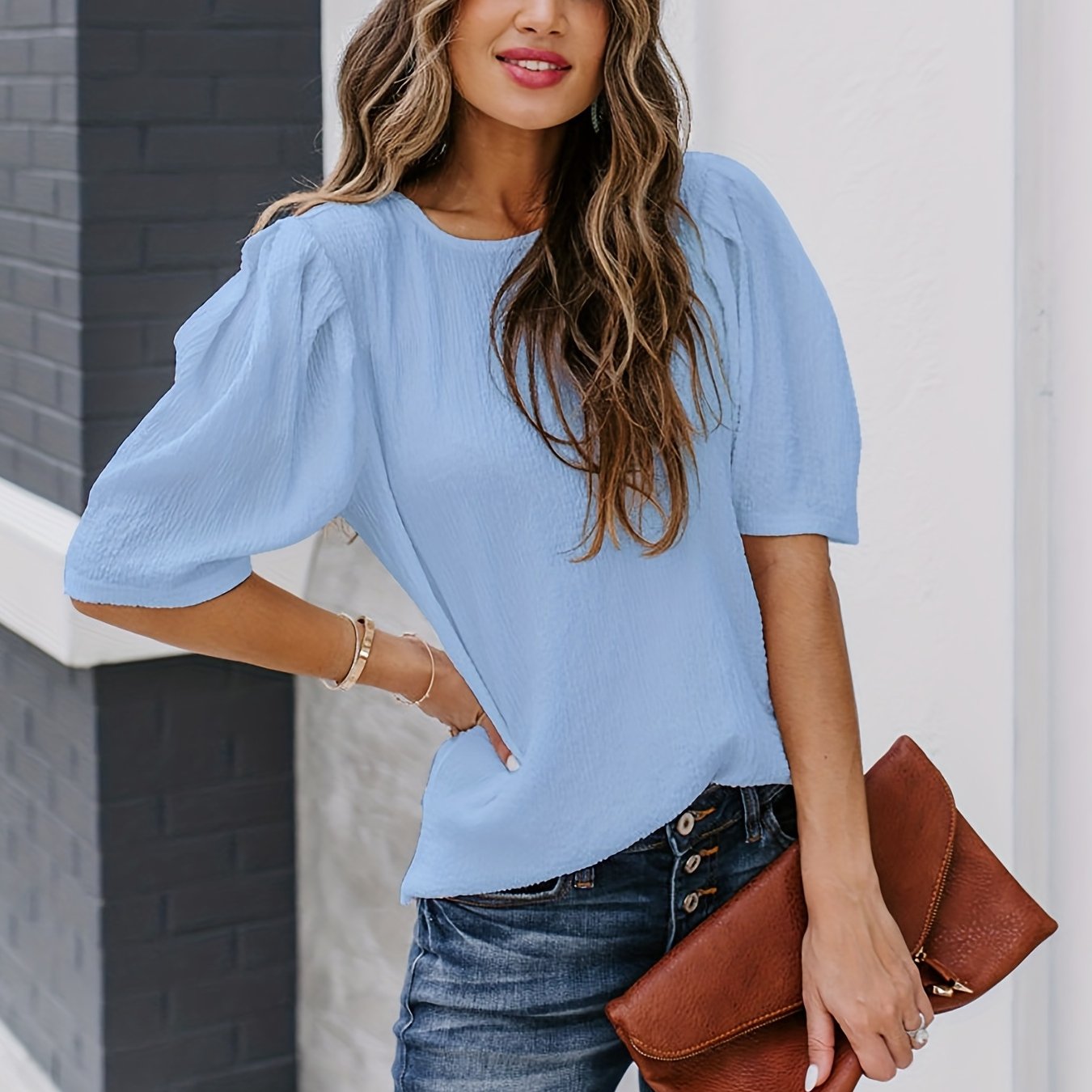 「binfenxie」Solid Short Sleeve Blouse, Crew Neck Casual Every Day Top For Summer & Spring, Women's Clothing