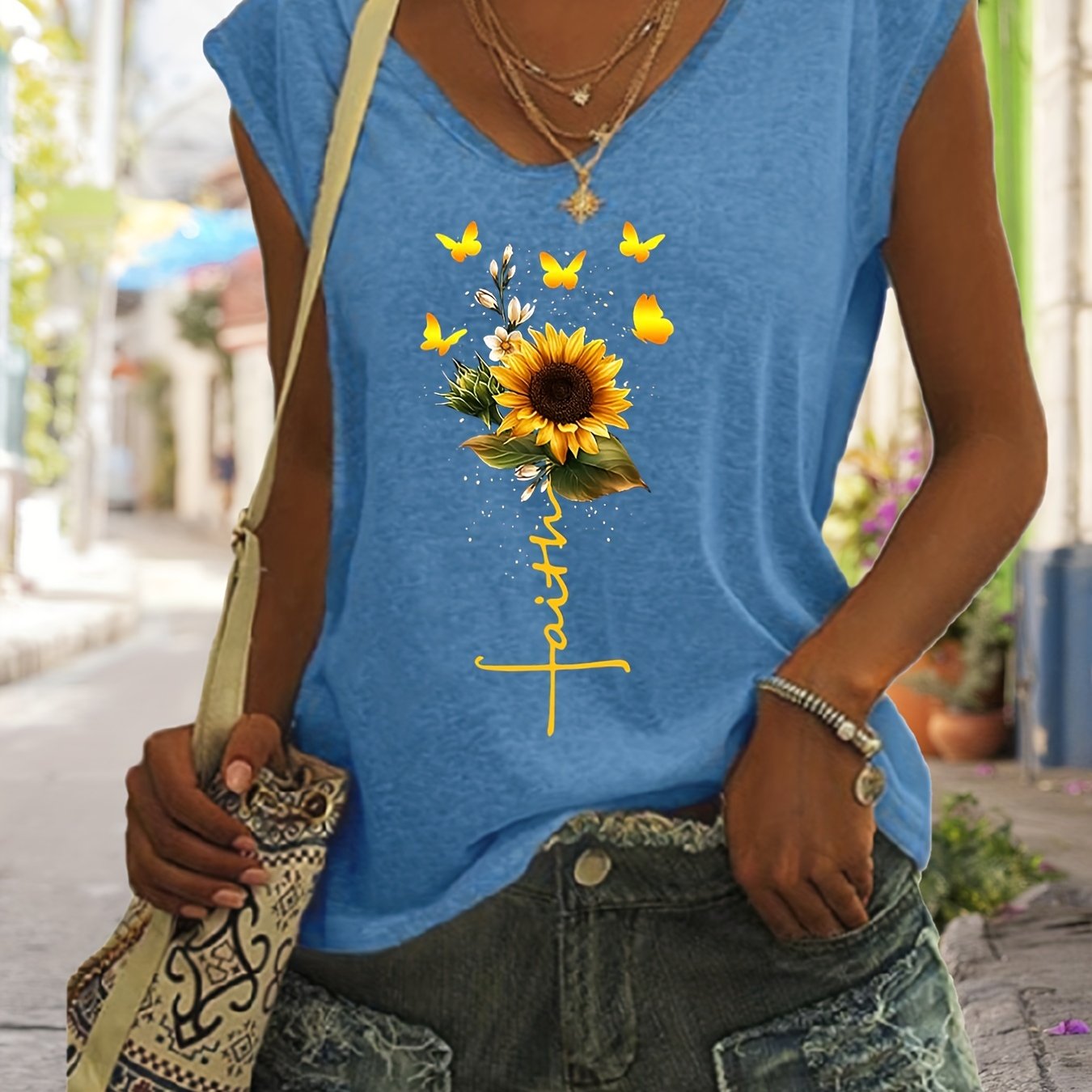 「binfenxie」Sunflower Print Tank Top, Sleeveless Casual Top For Spring & Summer, Women's Clothing
