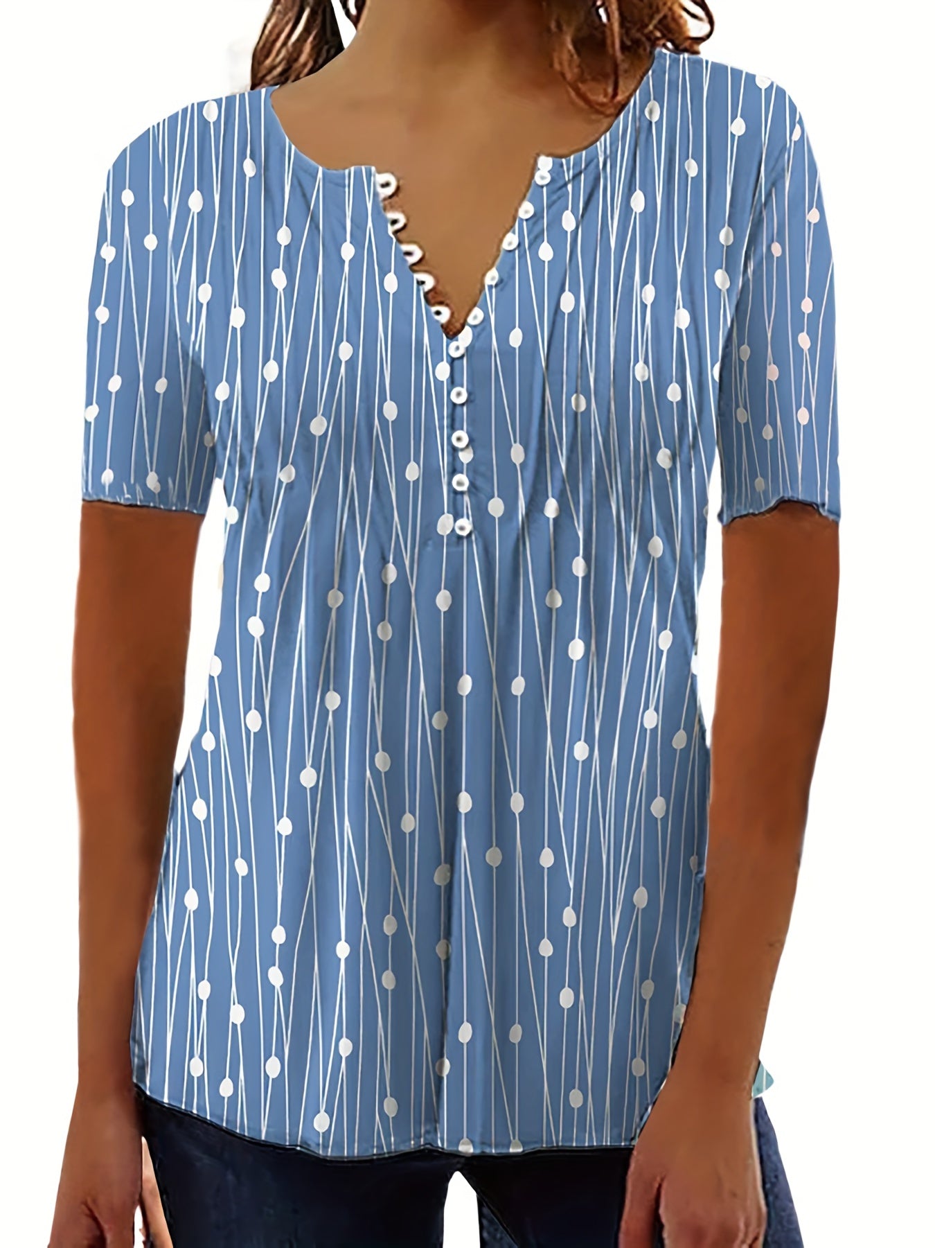 「binfenxie」Polka Dot Button T-Shirt, V Neck Short Sleeve T-Shirt, Casual Every Day Tops, Women's Clothing