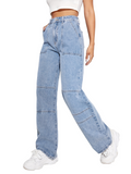 「binfenxie」Blue Loose Fit Straight Jeans, Slash Pockets Non-Stretch Baggy Denim Pants, Women's Denim Jeans & Clothing
