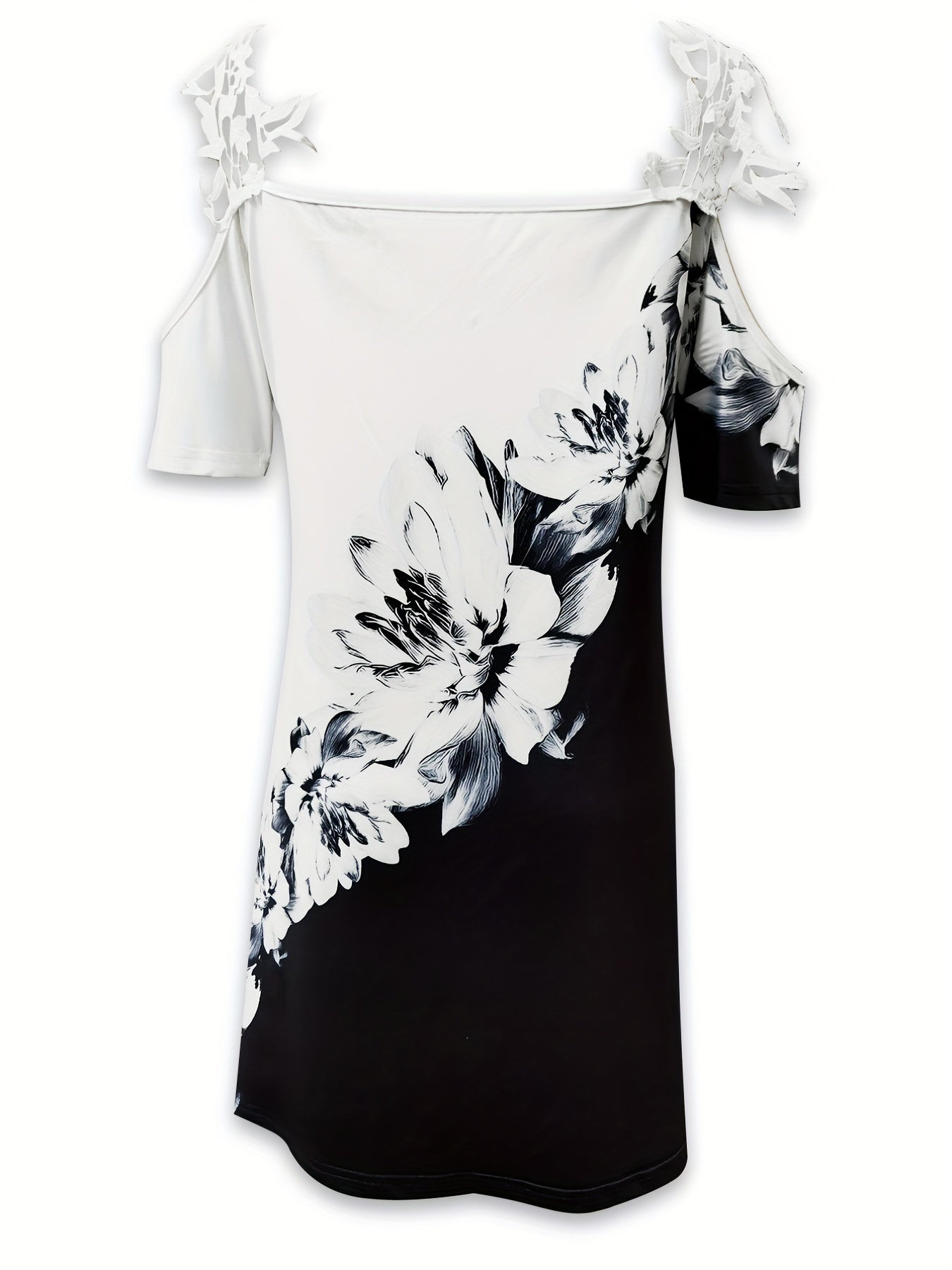 「binfenxie」Floral Print Cold Shoulder Dress, Casual V Neck Color Block Dress For Spring & Summer, Women's Clothing