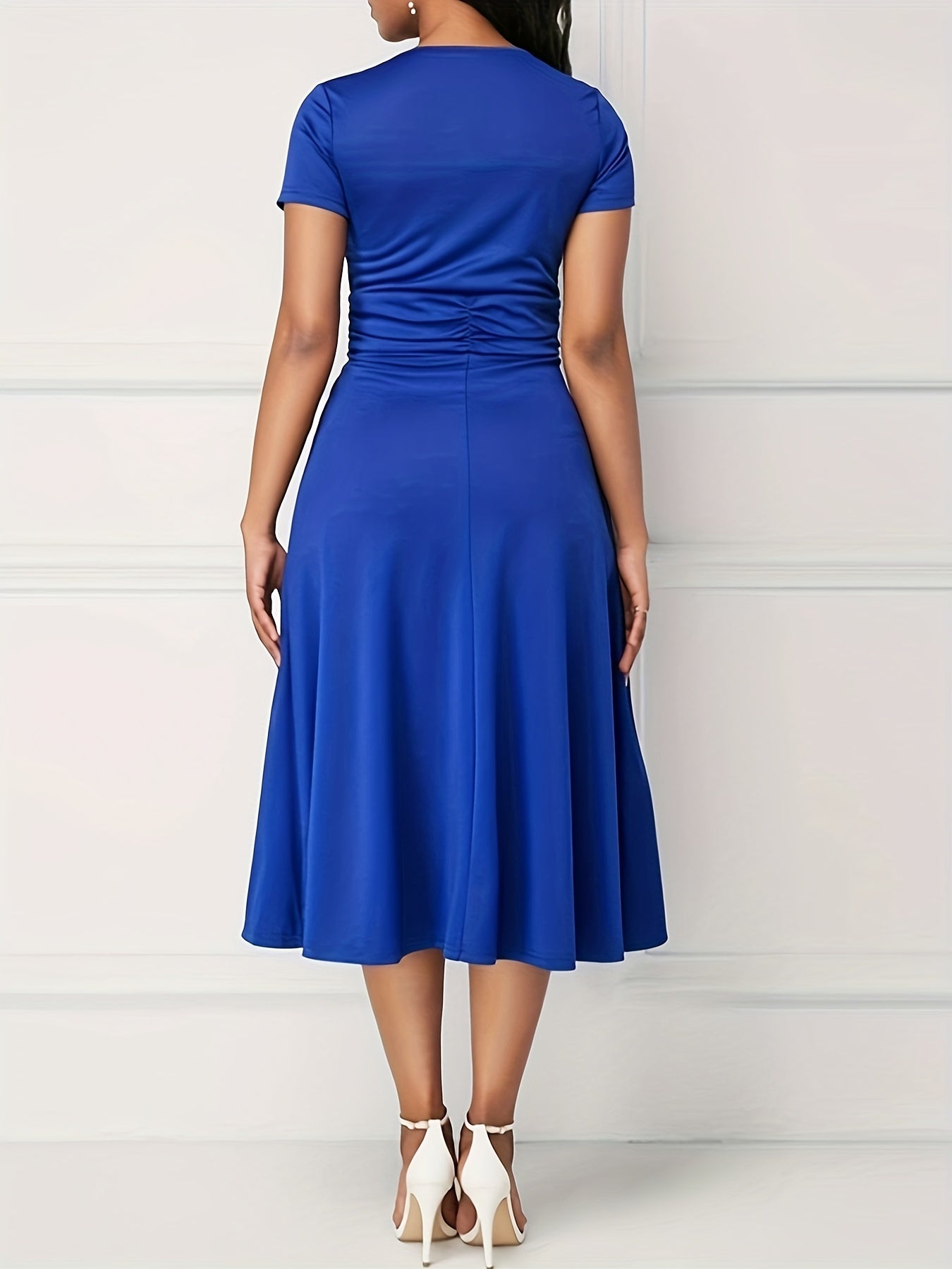 「binfenxie」Asymmetrical V Neck Dress, Vintage Short Sleeve Slim Waist Comfy Dress, Women's Clothing