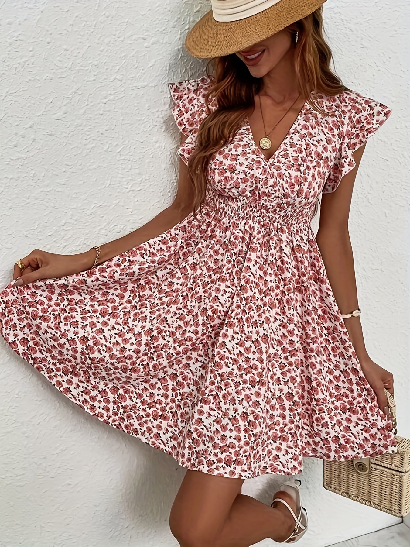 「binfenxie」Floral Print V Neck Vacation Dress, Smocked Waist Ruffle Sleeve Casual Dress For Summer & Spring, Women's Clothing