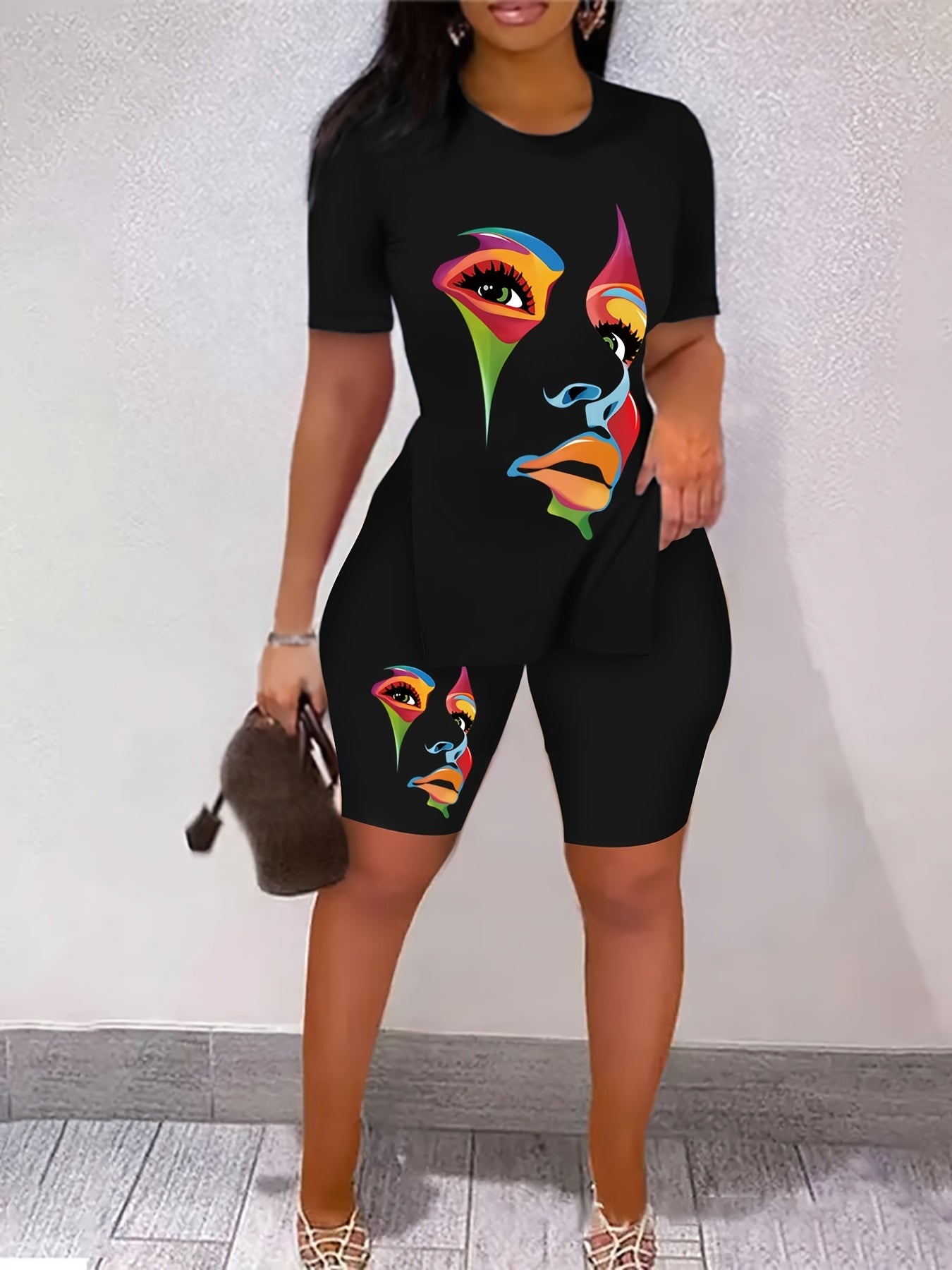 「binfenxie」Graphic Print Two-piece Set For Spring & Summer, Short Sleeve Crew Neck Side Split Casual T-Shirt & Shorts For Spring & Summer, Women's Clothing