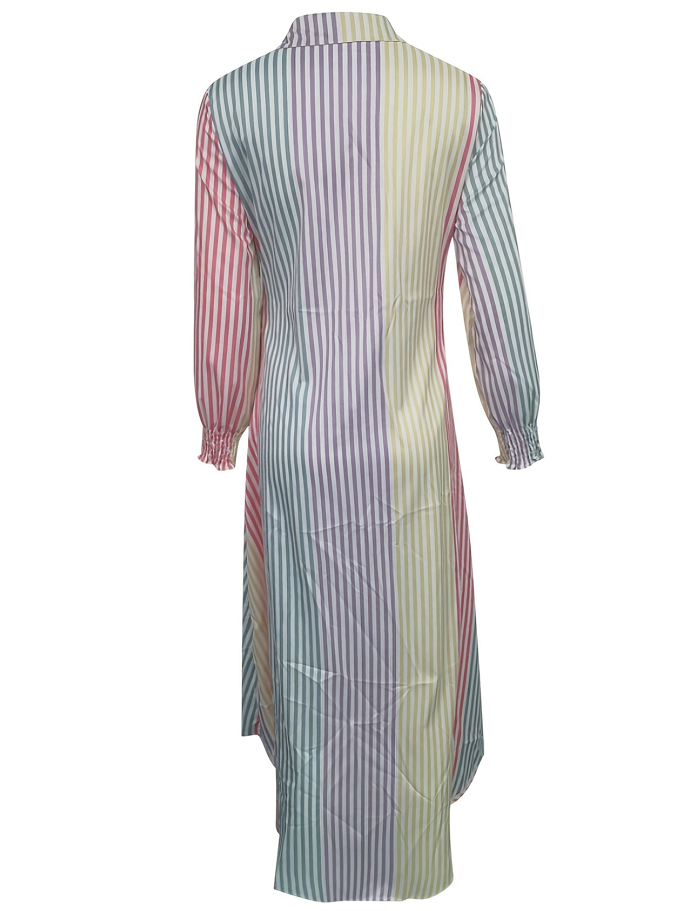 「binfenxie」Color Block Striped Shirt Dress, Casual Long Sleeve Button Down Ankle Dress, Women's Clothing