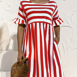 「binfenxie」Short Sleeve Beach Dress, Crew Neck Vacation Casual Dress For Summer & Spring, Women's Clothing