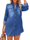 「binfenxie」Long Sleeve Denim Shirt Dresses, Casual Light Blue Lapel Button-Down Flap Pockets Denim Dresses, Women's Denim Clothing