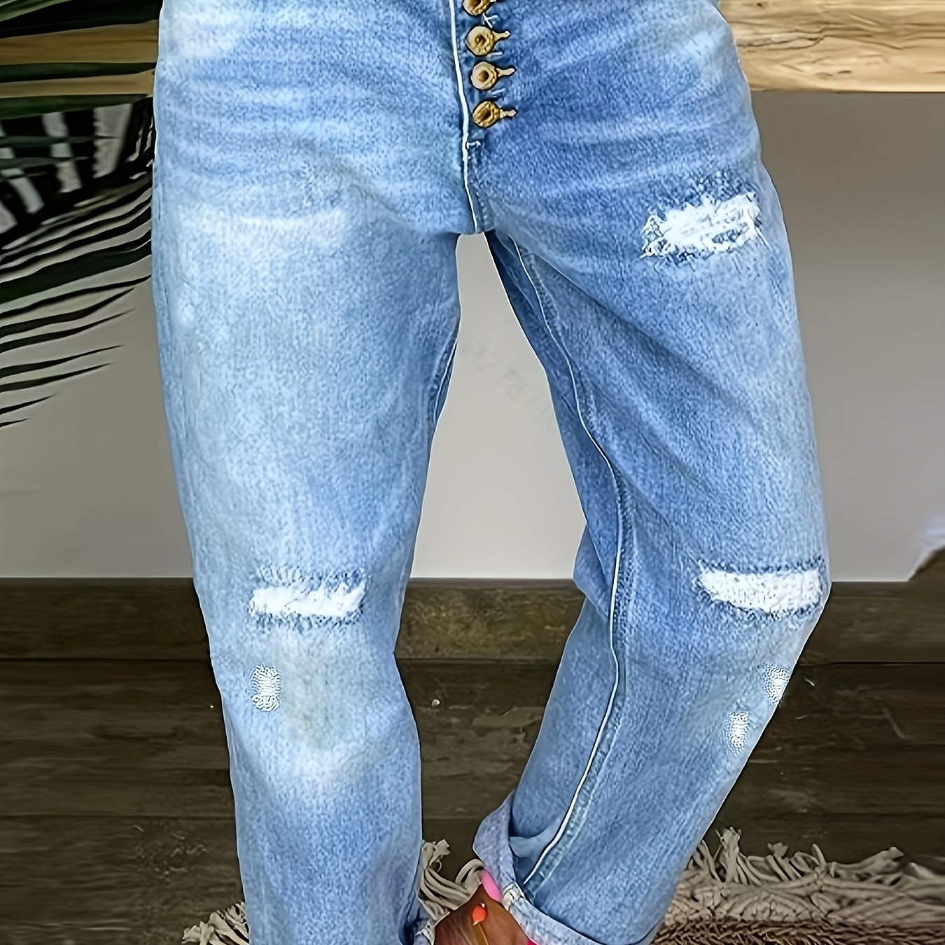 「binfenxie」Blue Ripped Holes Straight Jeans, Distressed Single-Breasted Button Loose Fit Denim Pants, Women's Denim Jeans & Clothing