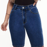 「binfenxie」Dark Blue High Waist Denim Shorts, Slim Fit Slash Pockets High Rise Short Denim Pants, Women's Denim Jeans & Clothing