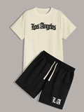「binfenxie」Los Angeles, Men's 2 Pieces Outfits, Round Neck Short Sleeve T-Shirt And Drawstring Shorts Set