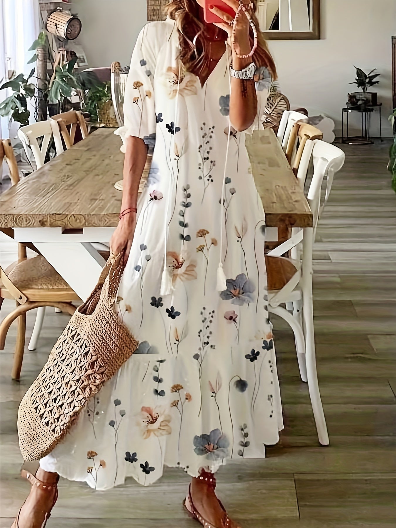 「binfenxie」Ikat Print Drawstring Dress, Boho Ruffle Trim V Neck Half Sleeve Summer Dress, Women's Clothing
