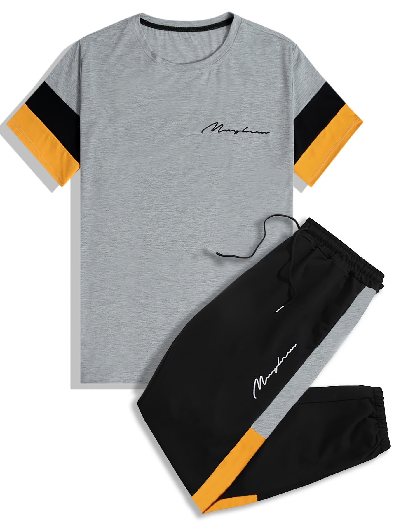 「binfenxie」Men's Colorblock Casual T-shirt Outfit Set, 2 Pieces Round Neck Short Sleeve Tees And Drawstring Long Pants