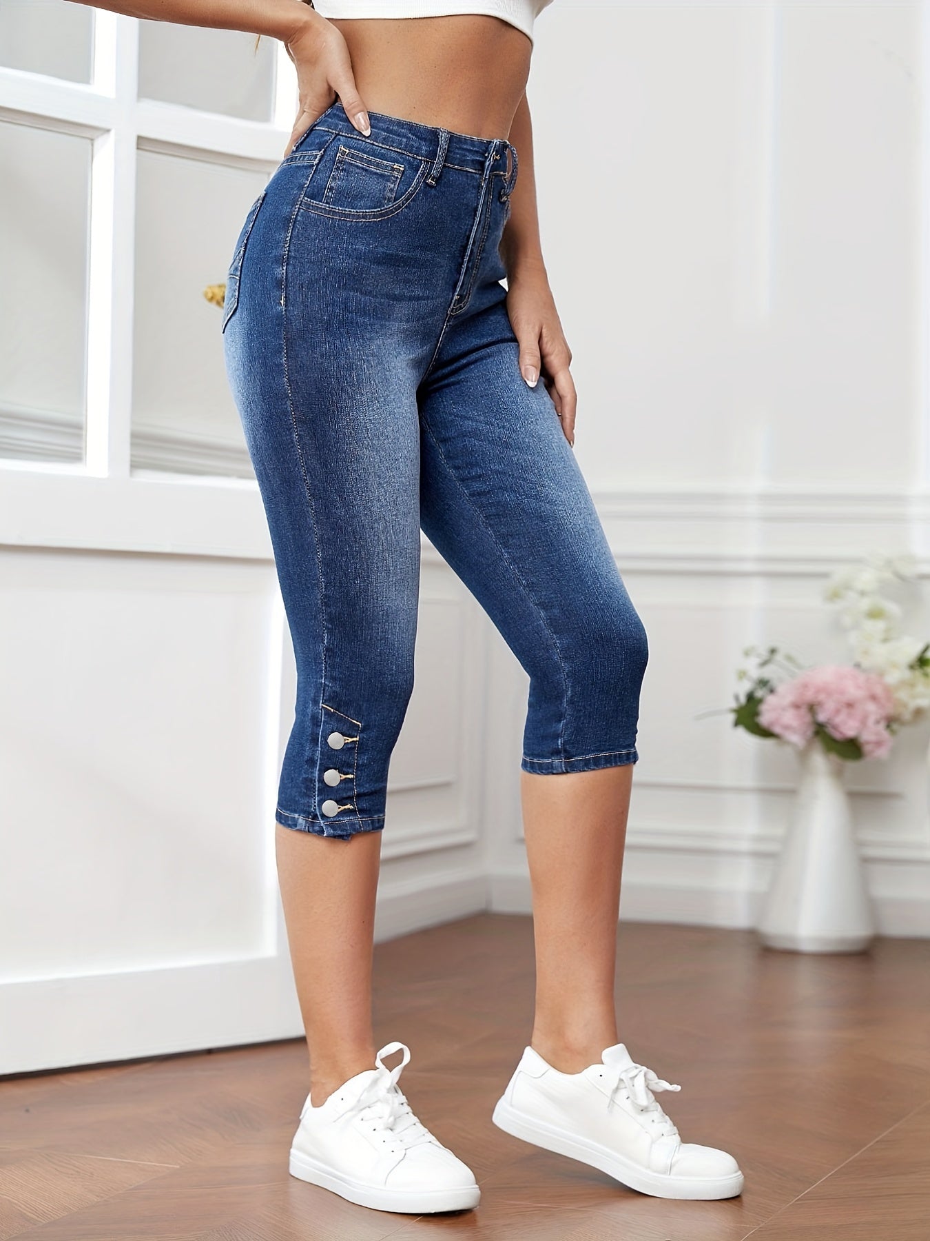 「binfenxie」Blue Slim Fit Denim Shorts, High-Stretch Side Single-Breasted Button Capris Short Denim Pants, Women's Denim Jeans & Clothing
