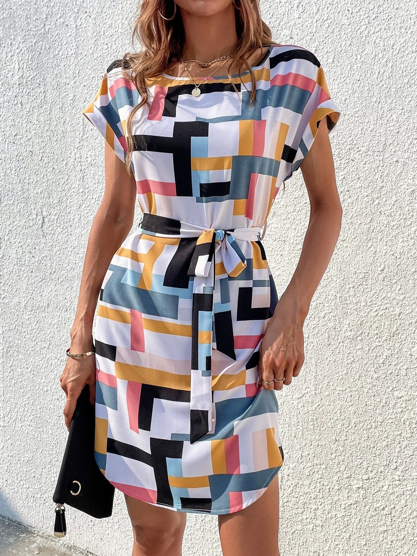 「binfenxie」Geometric Color Block Print Dress, Casual Crew Neck Batwing Sleeve Hem Arc Dress, Women's Clothing