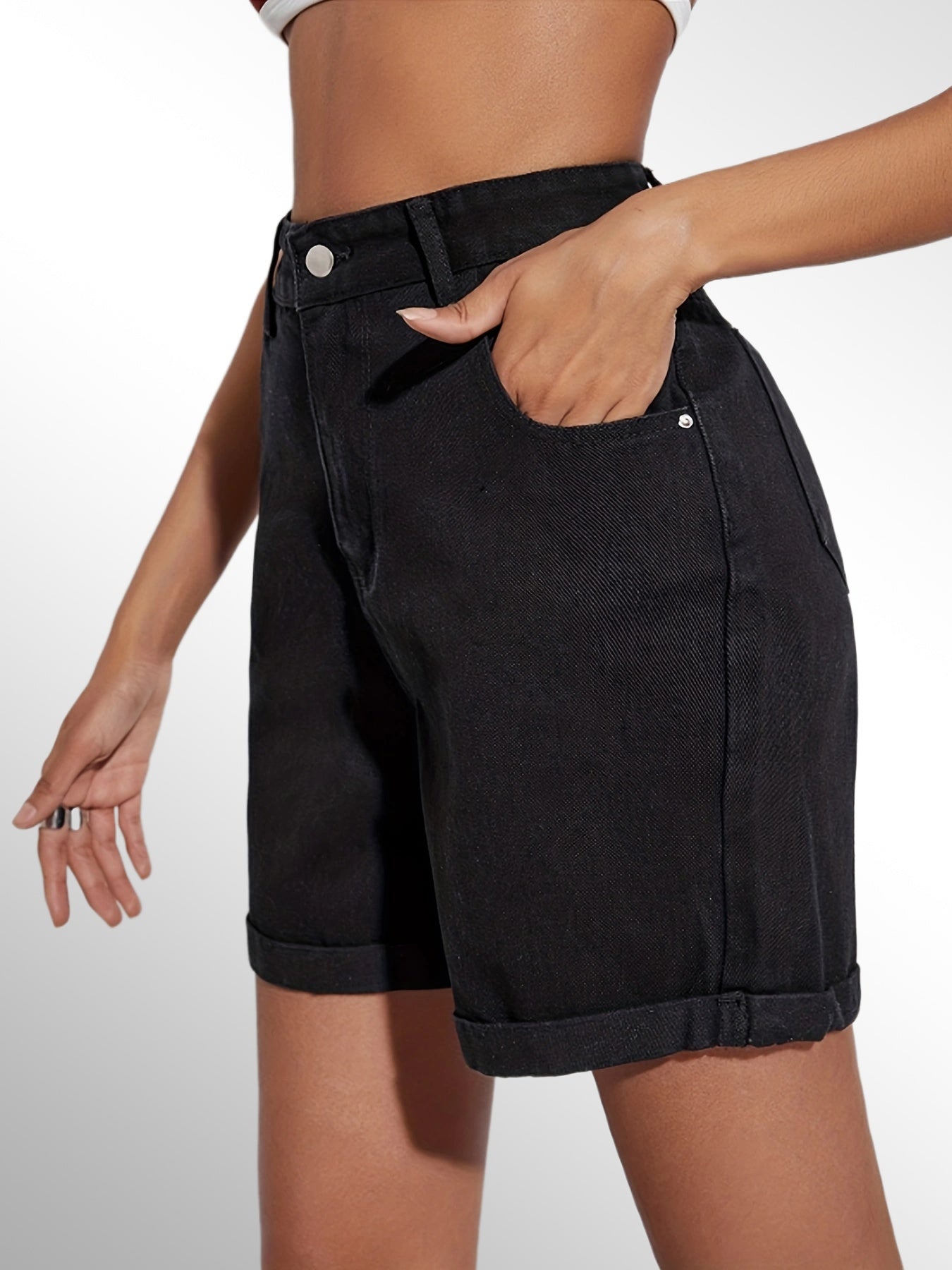 「binfenxie」High Waist Short Denim Pants, Rolled Hem High Rise Slash Pockets Slim Fit Short Denim Jeans, Women's Denim Jeans & Clothing