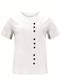 「binfenxie」Buttons Solid T-shirt, Casual Crew Neck Short Sleeve Summer T-shirt, Women's Clothing