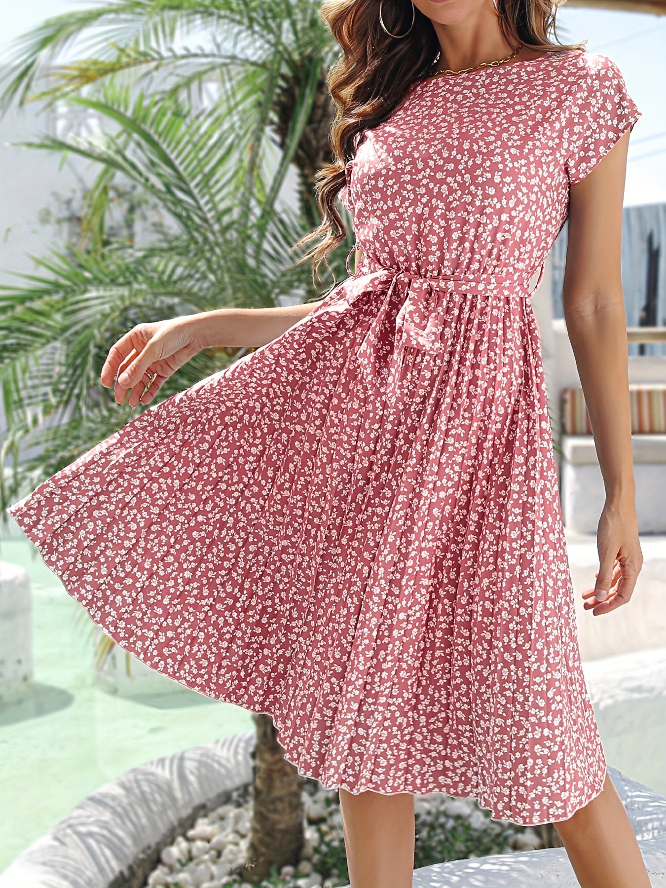 「binfenxie」Ditsy Floral Print Belted Dress, Short Sleeve Casual Every Day Vacation Dress For Spring & Summer, Women's Clothing