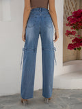 「binfenxie」Flap Cargo Pocket Drawstring Tie Side Jeans, Dodger Medium Wash Straight Leg Cago Denim Pants, Stylish & Trendy, Women's Denim Jeans & Clothing
